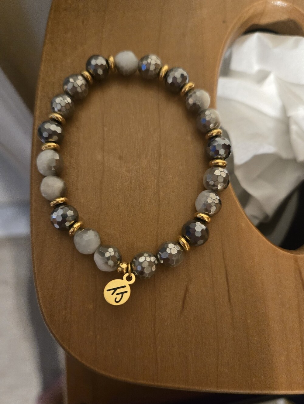 Tjazelle Limited Edition Gold Charcoal Faceted Bead Stretch Bracelet